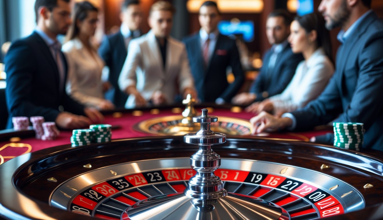 Meja roulette cepat di kasino dengan roda roulette berputar dan beberapa pemain yang fokus mengamati permainan.