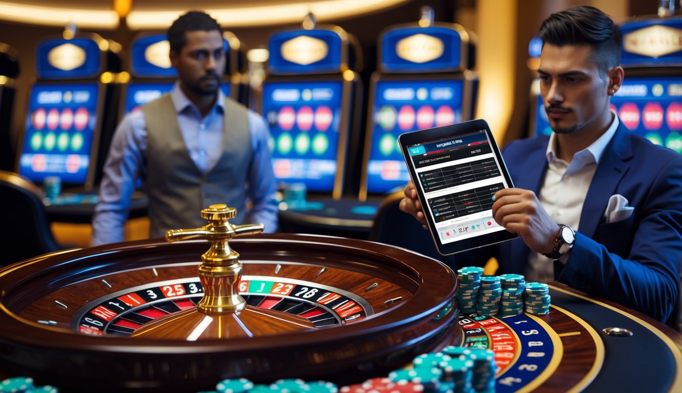 Seorang pemain di meja roulette cepat dengan roda roulette yang berputar dan chip taruhan di sekitarnya.