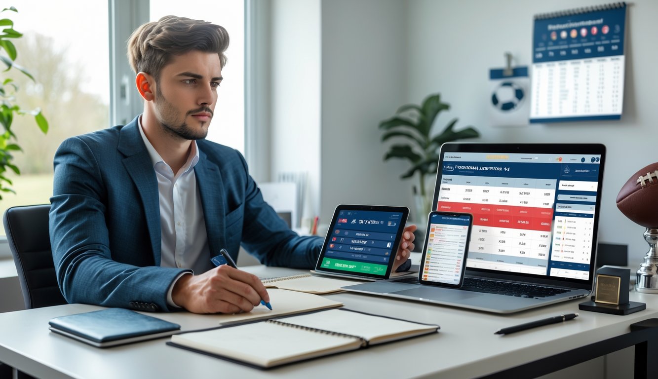Seorang pria muda duduk di meja kerja dengan beberapa perangkat digital yang menampilkan statistik pertandingan sepak bola dan peluang taruhan, sedang fokus menganalisis data di ruang kerja yang terang dan rapi.