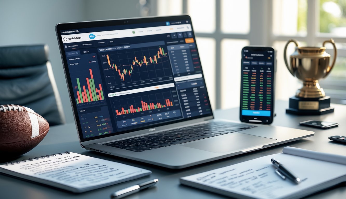 Meja kerja dengan laptop yang menampilkan pertandingan sepak bola dan catatan strategi di sampingnya.