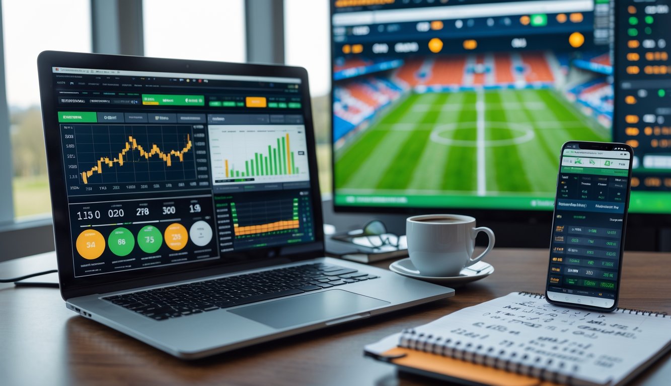 Meja kerja dengan laptop menampilkan statistik sepak bola, catatan tangan, dan layar besar yang menunjukkan pertandingan sepak bola berlangsung.