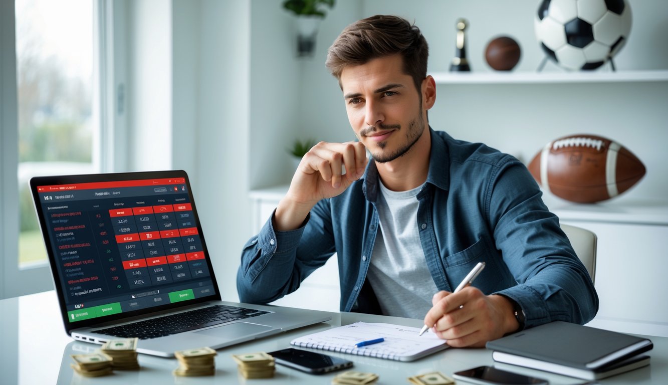 Seorang pria muda duduk di meja dengan laptop, mencatat dan melihat layar yang menampilkan informasi terkait taruhan sepak bola, dengan uang dan bola sepak di sekitar meja.