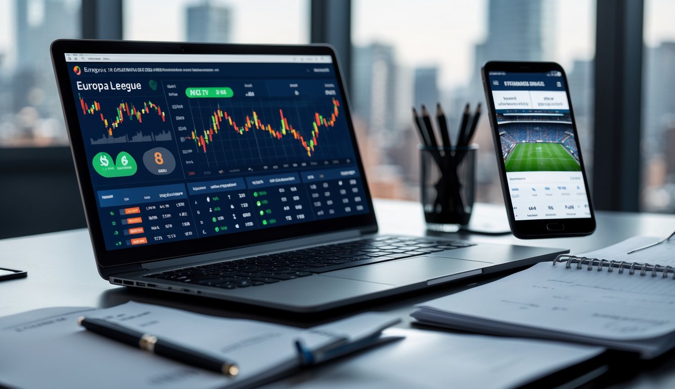 Meja kerja dengan laptop menampilkan statistik sepak bola Liga Eropa, catatan dan ponsel yang menunjukkan pertandingan sepak bola sedang berlangsung.