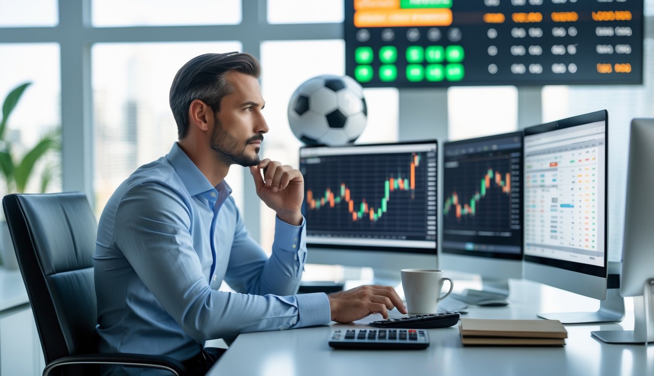 Seorang pria bisnis duduk di meja modern dengan beberapa layar komputer yang menampilkan grafik keuangan, di kantor terang dengan bola sepak di latar belakang.