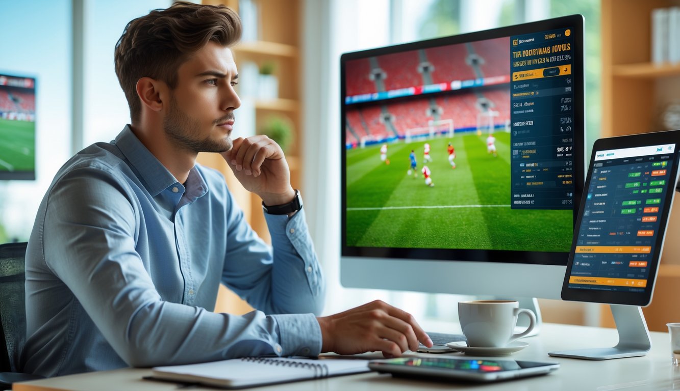 Seorang pria muda duduk di meja modern sambil melihat statistik pertandingan sepak bola di layar komputer dengan latar belakang pertandingan sepak bola yang sedang berlangsung.