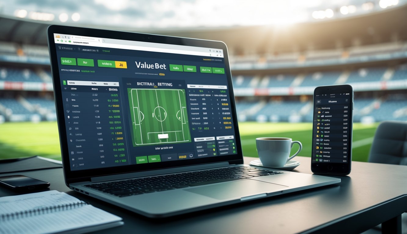 Meja kerja dengan laptop yang menampilkan grafik peluang dan taruhan nilai sepak bola, dikelilingi oleh catatan, ponsel dengan skor pertandingan, dan secangkir kopi.