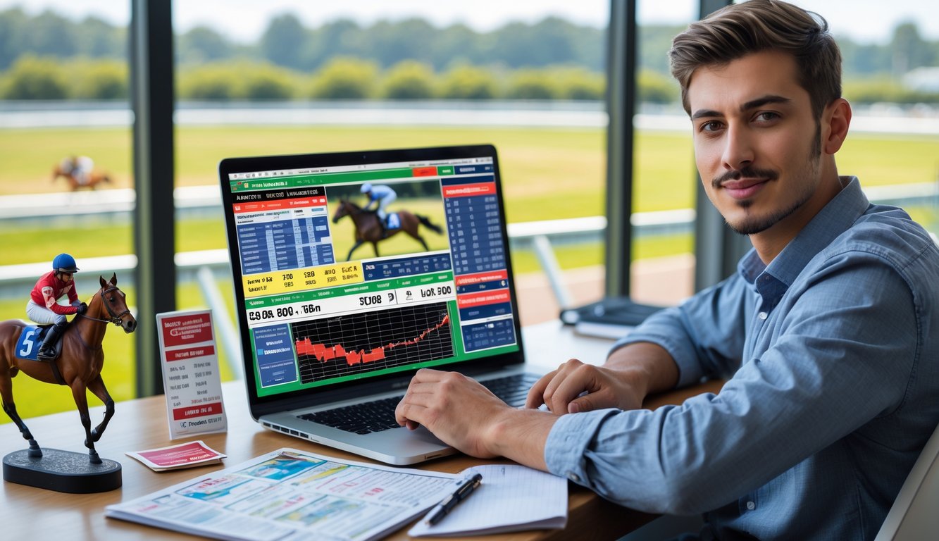 Seorang pria muda duduk di meja dengan laptop dan catatan, di latar belakang terlihat arena balap kuda dengan kuda dan joki sedang berlomba.