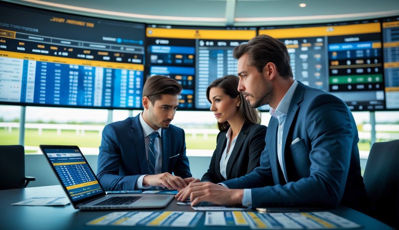 Dua orang sedang menganalisis data dan peluang taruhan balap kuda di depan layar komputer dan perangkat elektronik.