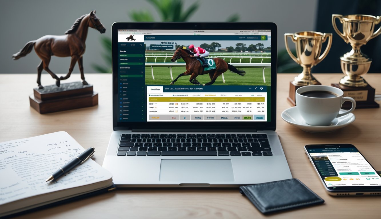 Sebuah meja kerja dengan laptop yang menampilkan situs balap kuda online, buku catatan dengan tulisan tangan, dan ponsel yang menunjukkan balapan kuda secara langsung.