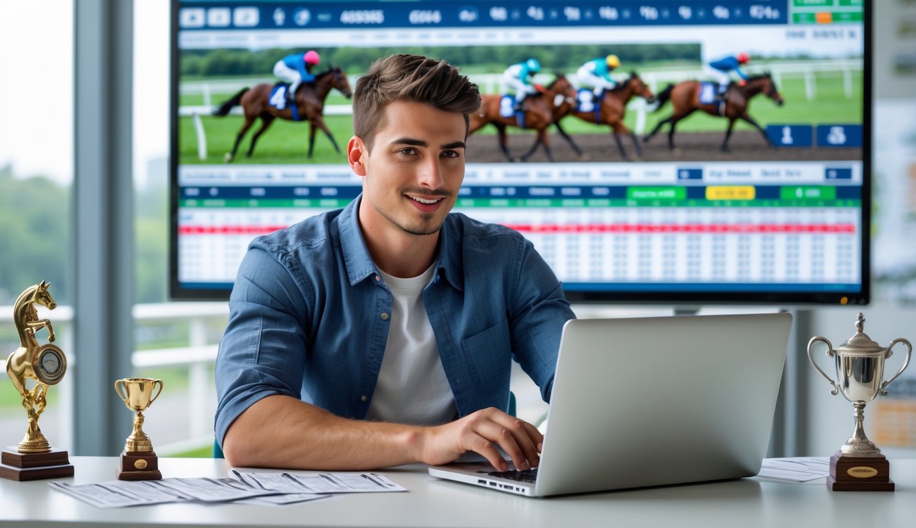Seorang pria muda duduk di meja dengan laptop, menganalisis statistik dan strategi balap kuda, dengan layar besar menampilkan perlombaan kuda di latar belakang.