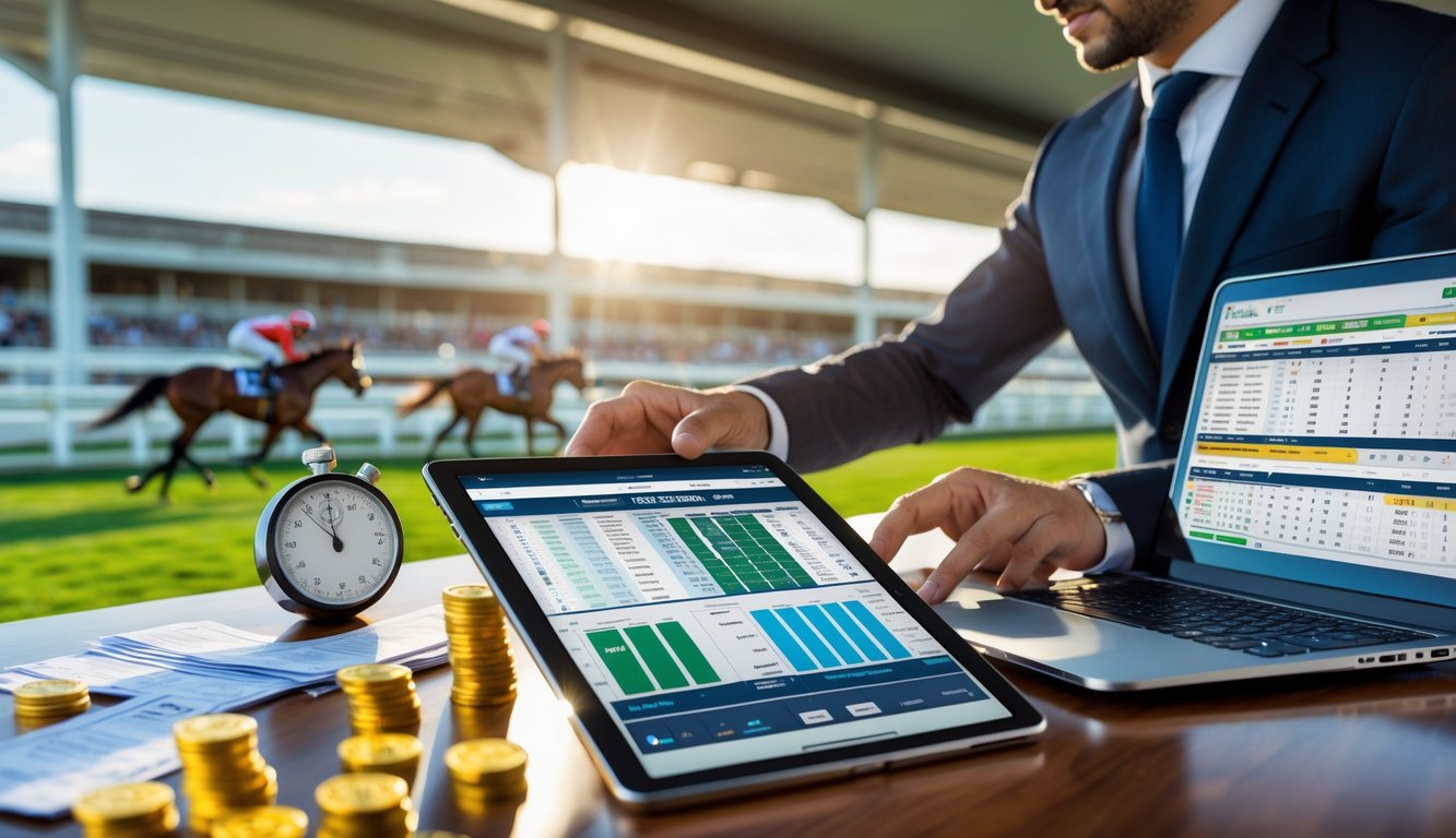 Seseorang yang fokus menganalisis pola taruhan judi balap kuda dengan latar belakang kuda berlari di lintasan.