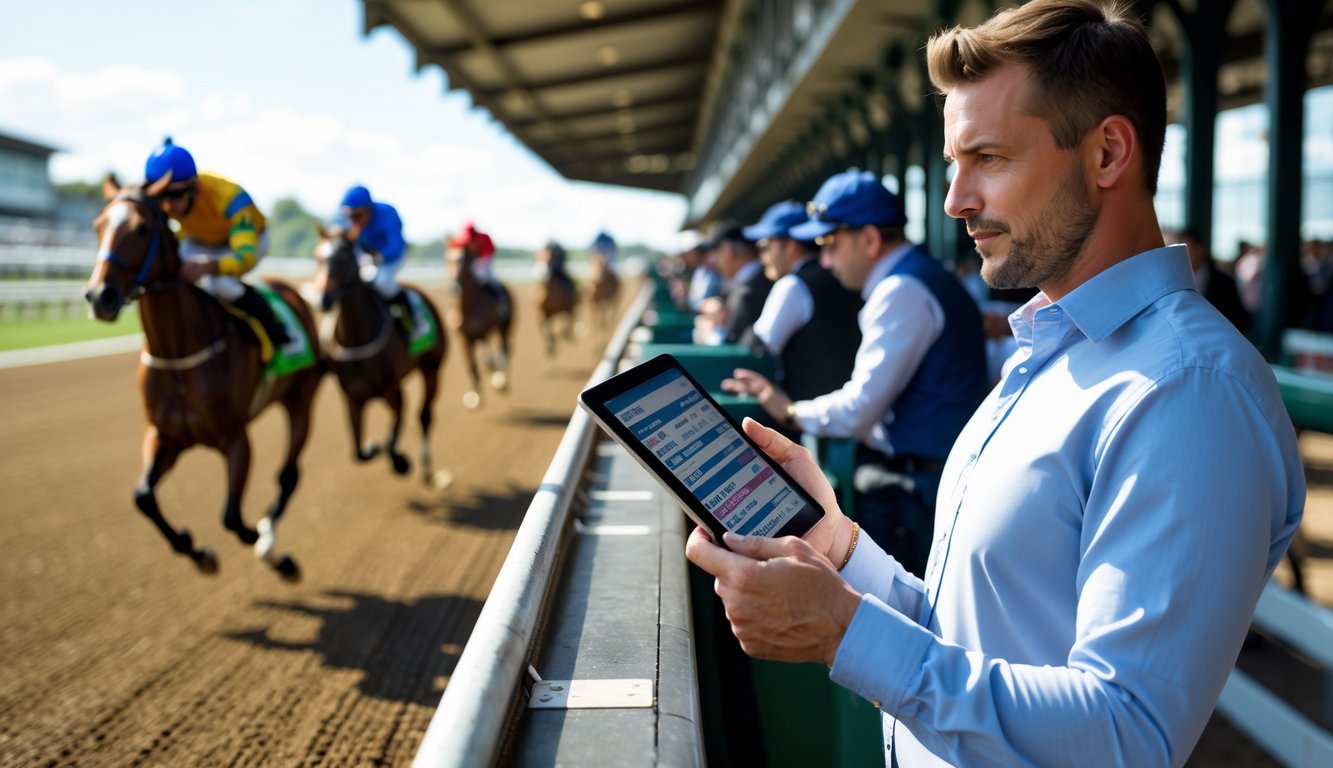 Seorang petaruh fokus memegang slip taruhan dan tablet di dekat arena balap kuda dengan kuda dan joki berlomba di latar belakang.