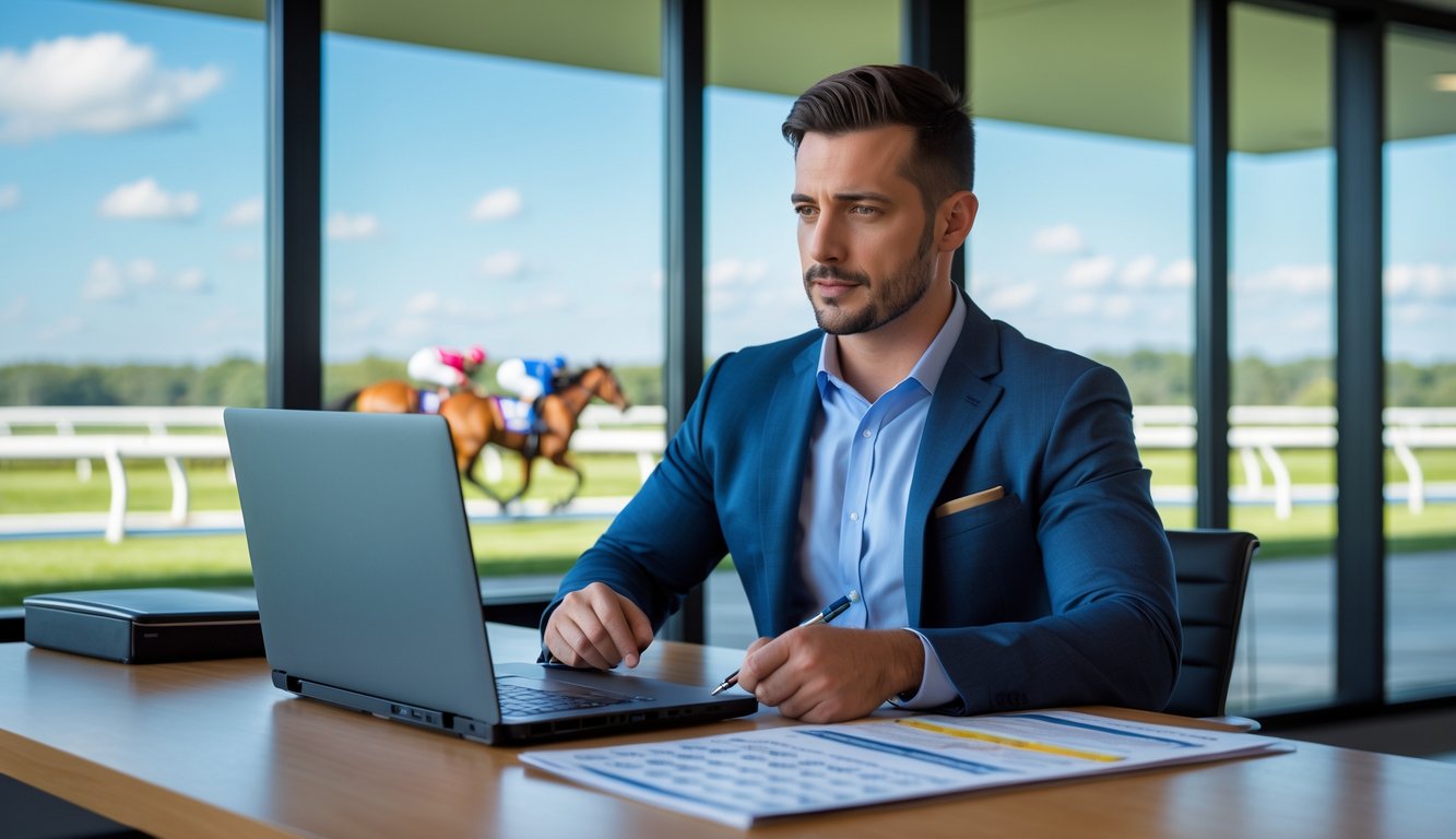 Seorang pria duduk di meja dengan laptop dan grafik balap kuda, tampak fokus menganalisis data dengan latar belakang lintasan pacuan kuda.