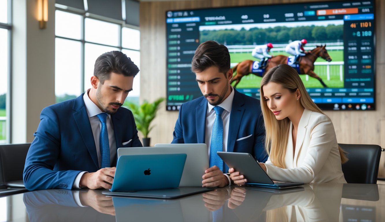 Seorang pria dan wanita sedang menganalisis data taruhan balap kuda di ruang taruhan modern dengan layar besar menampilkan balapan kuda dan grafik statistik.