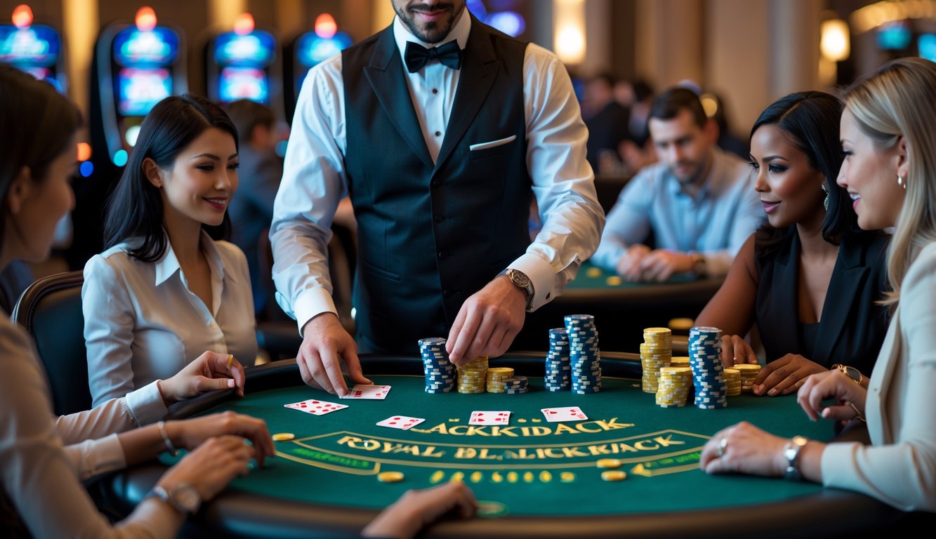 Seorang dealer dan beberapa pemain duduk di meja blackjack di kasino, sedang bermain kartu dengan tumpukan chip di meja.