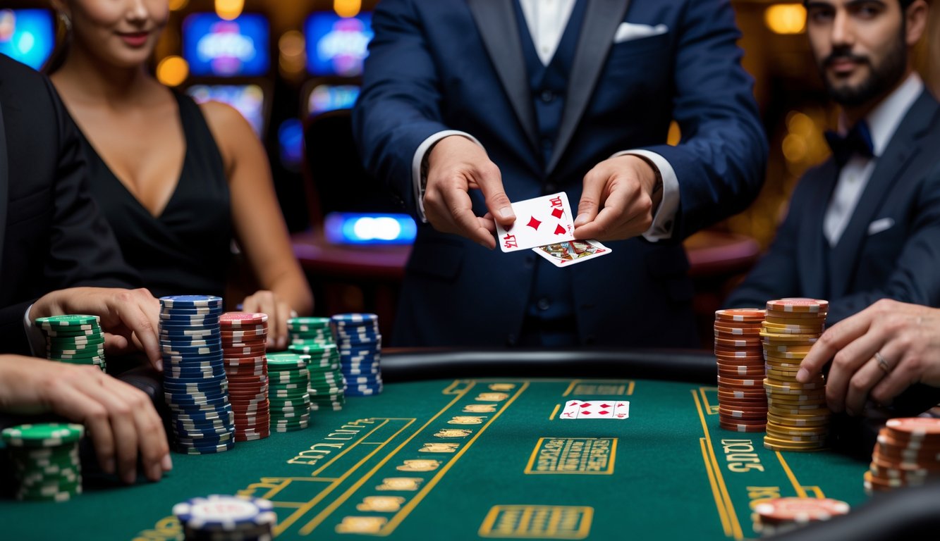 Suasana meja blackjack di kasino dengan dealer dan pemain yang sedang bermain kartu.