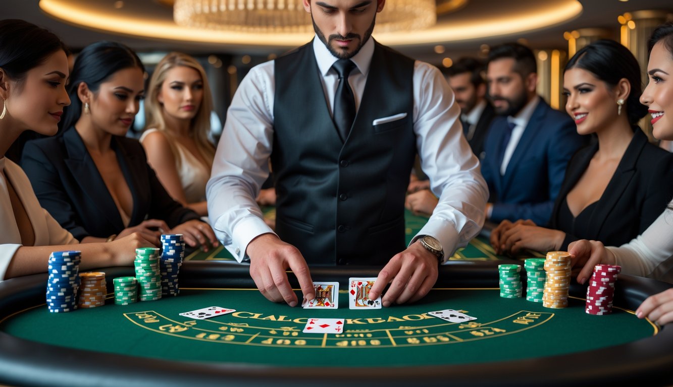 Seorang dealer kartu di meja blackjack dengan pemain yang fokus bermain di kasino mewah.