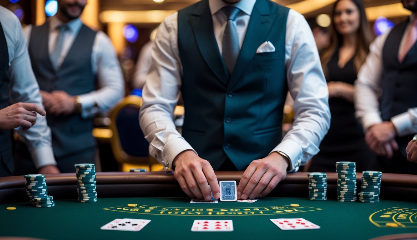 Seorang dealer membagikan kartu blackjack di meja hijau dengan beberapa pemain yang fokus bermain.