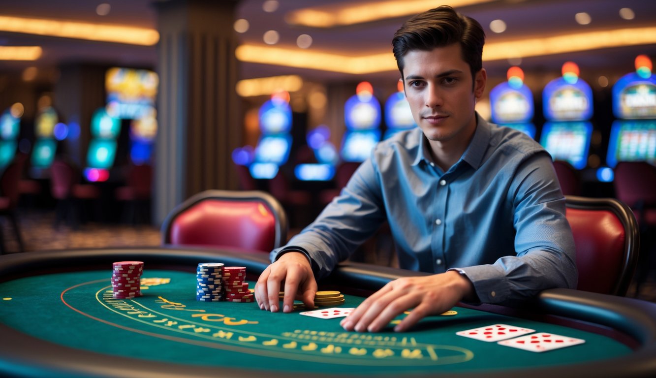 Seorang pemain muda yang percaya diri sedang bermain blackjack di meja kasino dengan tumpukan chip kecil, fokus pada kartu dan strategi menang.