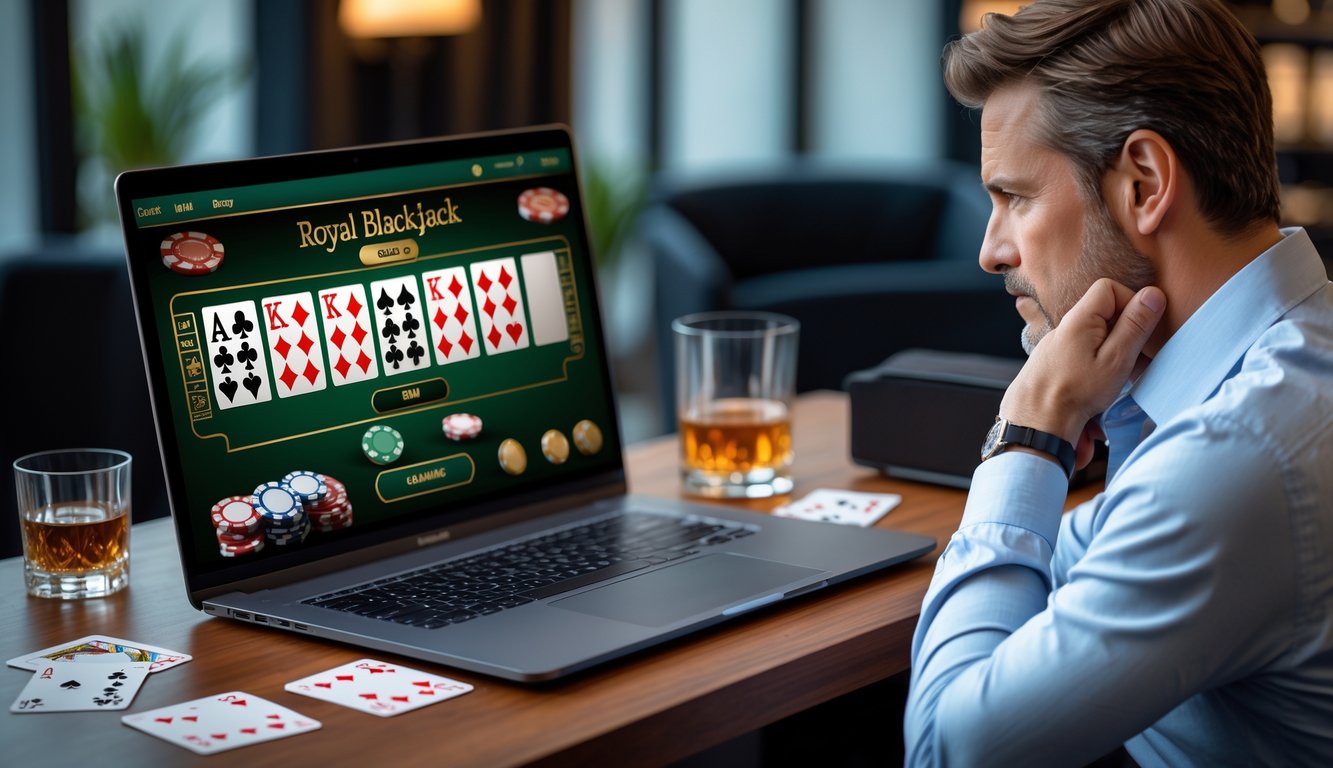 Seorang pemain dewasa sedang bermain blackjack online di depan laptop dengan kartu dan chip poker di meja.
