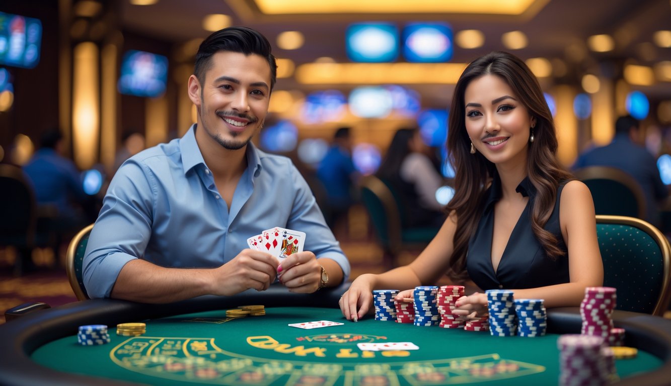 Seorang pria dan wanita duduk di meja blackjack di kasino, fokus bermain dengan kartu dan tumpukan chip di depan mereka.