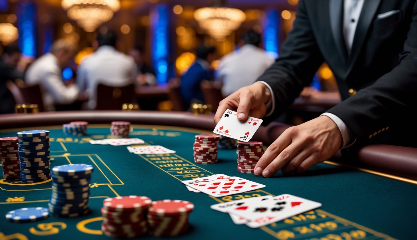 Meja blackjack kasino dengan dealer sedang membagikan kartu dan tumpukan chip poker di sekitarnya.