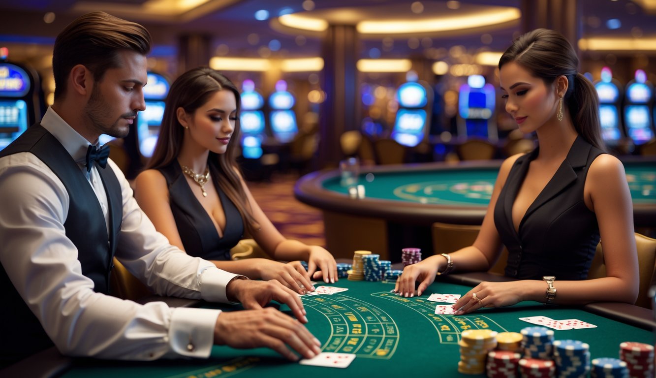 Dua pemain berjudi blackjack di meja kasino dengan dealer, fokus pada kartu dan chip dalam suasana kasino yang elegan.