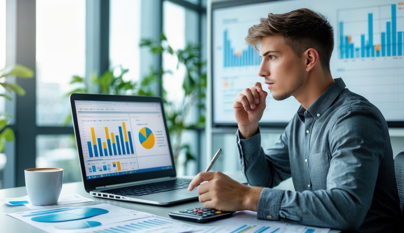 Seorang pria muda duduk di meja kerja dengan laptop dan kertas berisi angka, terlihat fokus menganalisis data di ruangan kantor yang terang.