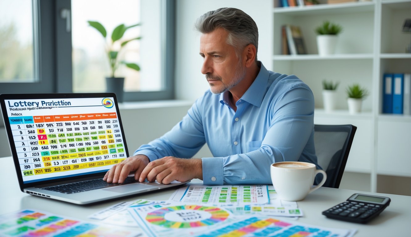 Seorang pria dewasa duduk di meja modern sambil menganalisis grafik dan angka prediksi togel dengan laptop dan kertas di ruang kantor yang terang.