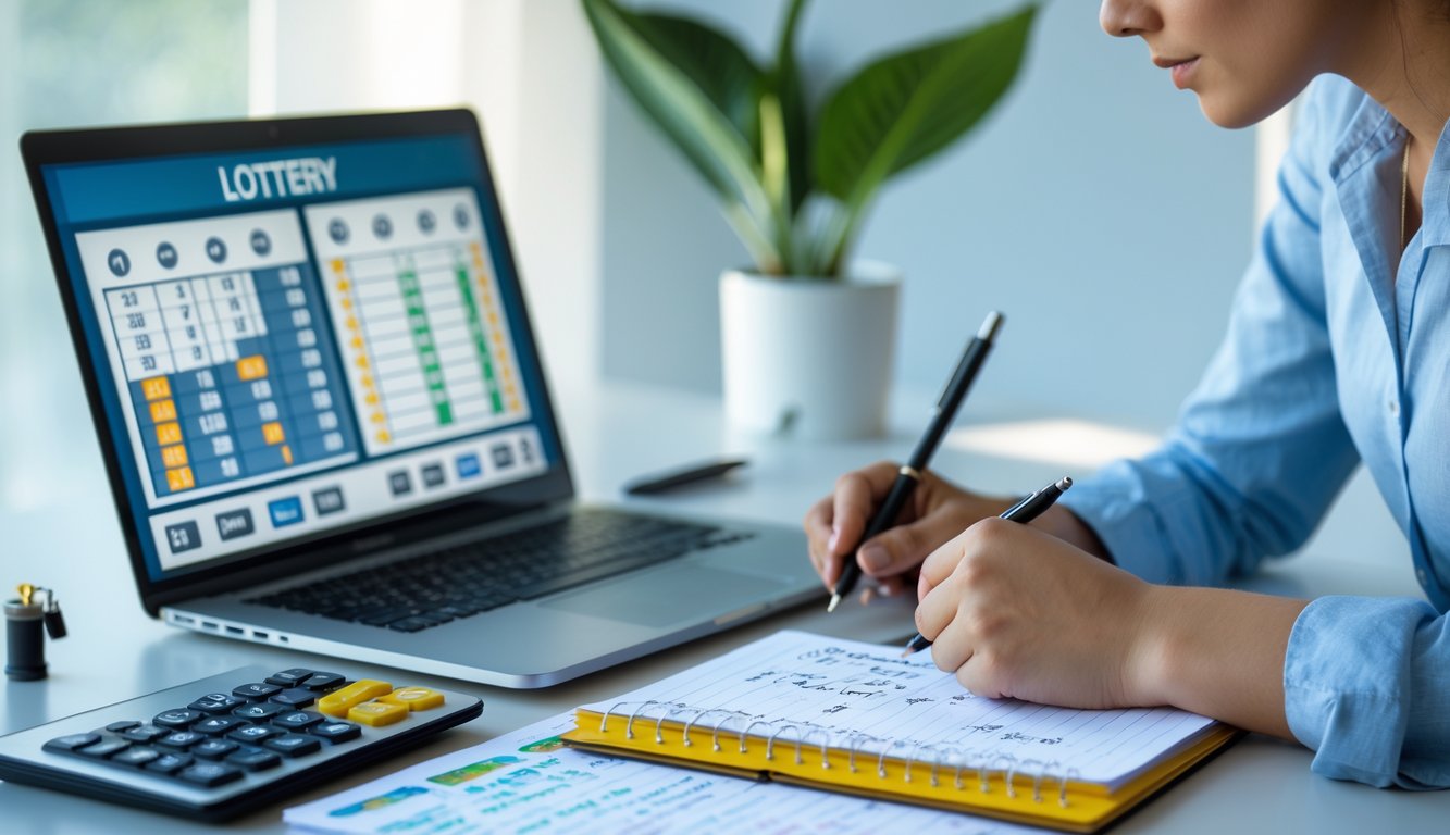 Seseorang yang fokus menganalisis grafik dan angka prediksi togel di meja kerja dengan laptop, catatan, dan kalkulator.