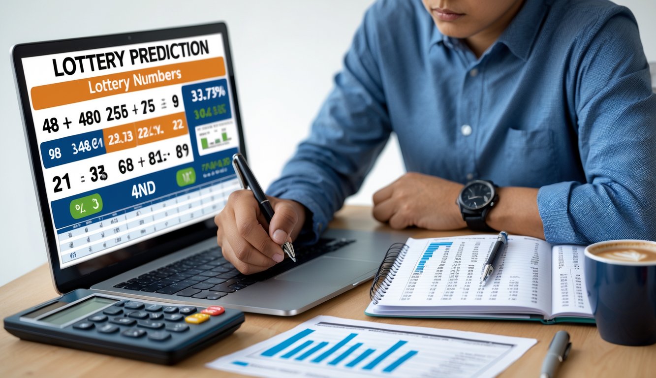 Seorang individu sedang fokus menganalisis data prediksi togel 4D di meja kerja dengan laptop, catatan, dan alat tulis.