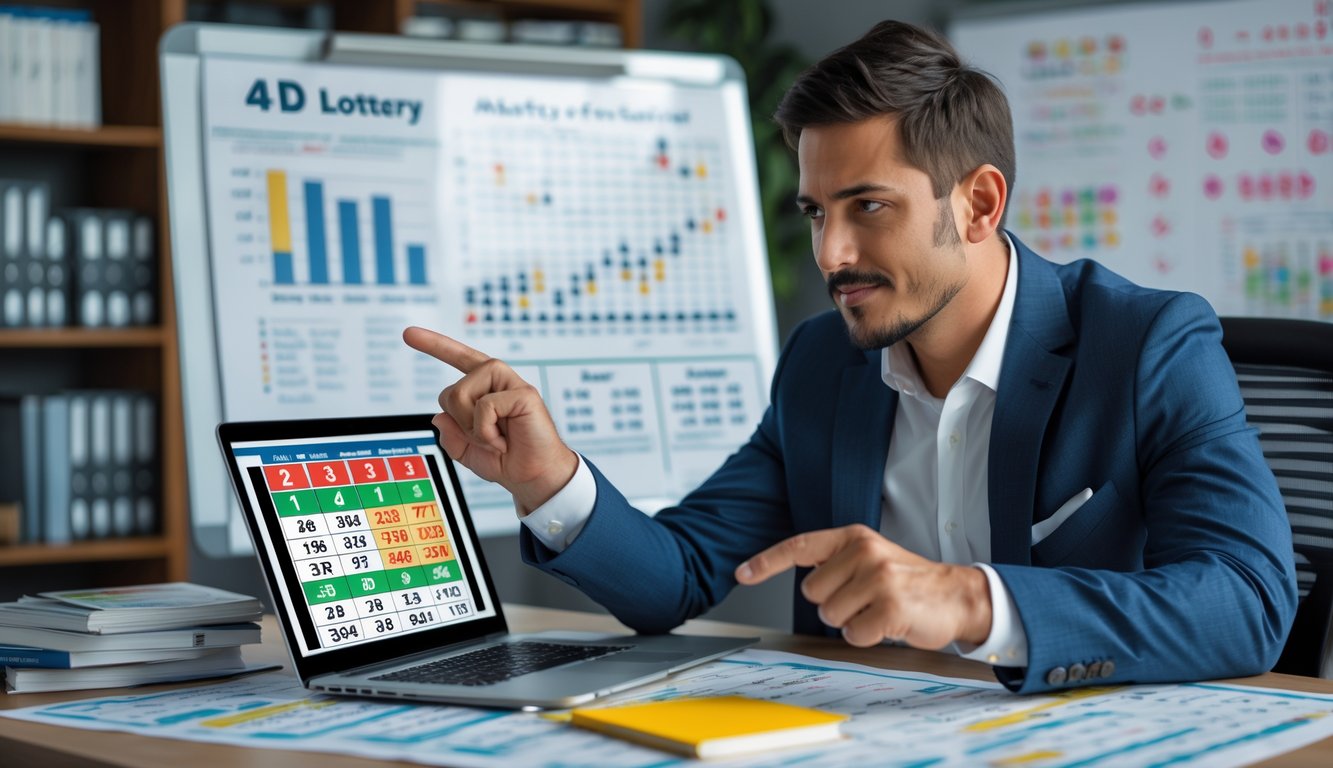 Seorang pria profesional sedang menganalisis strategi prediksi togel 4D di kantor modern dengan grafik dan laptop di meja.