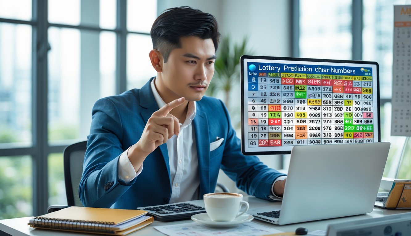 Seorang pria muda duduk di meja kerja dengan laptop dan alat tulis, sedang fokus menganalisis angka untuk prediksi togel 4D.