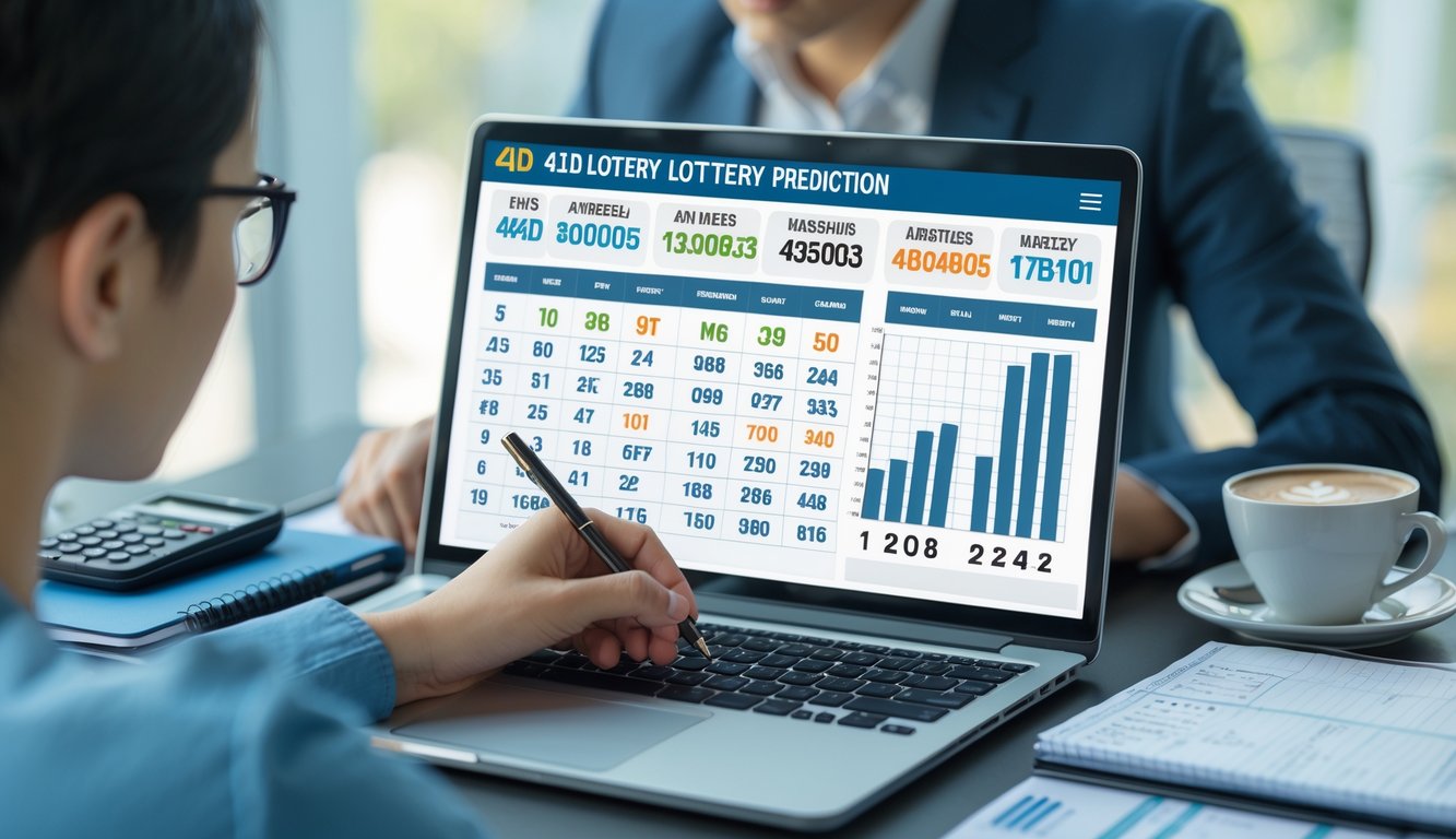Seseorang sedang fokus menganalisis data prediksi togel 4D di meja kerja dengan laptop dan alat tulis.