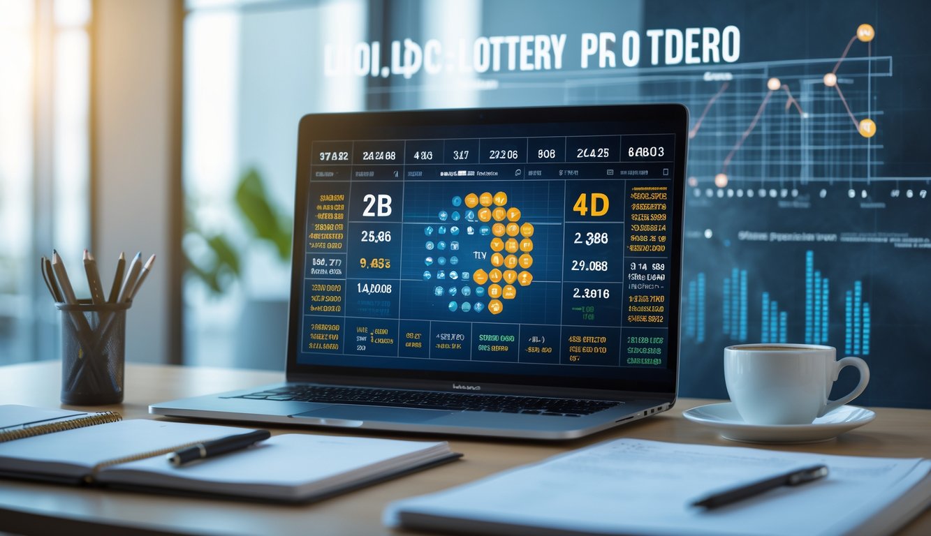 Meja kerja dengan laptop menampilkan grafik dan angka, buku catatan, pena, dan secangkir kopi di lingkungan kantor yang terang.