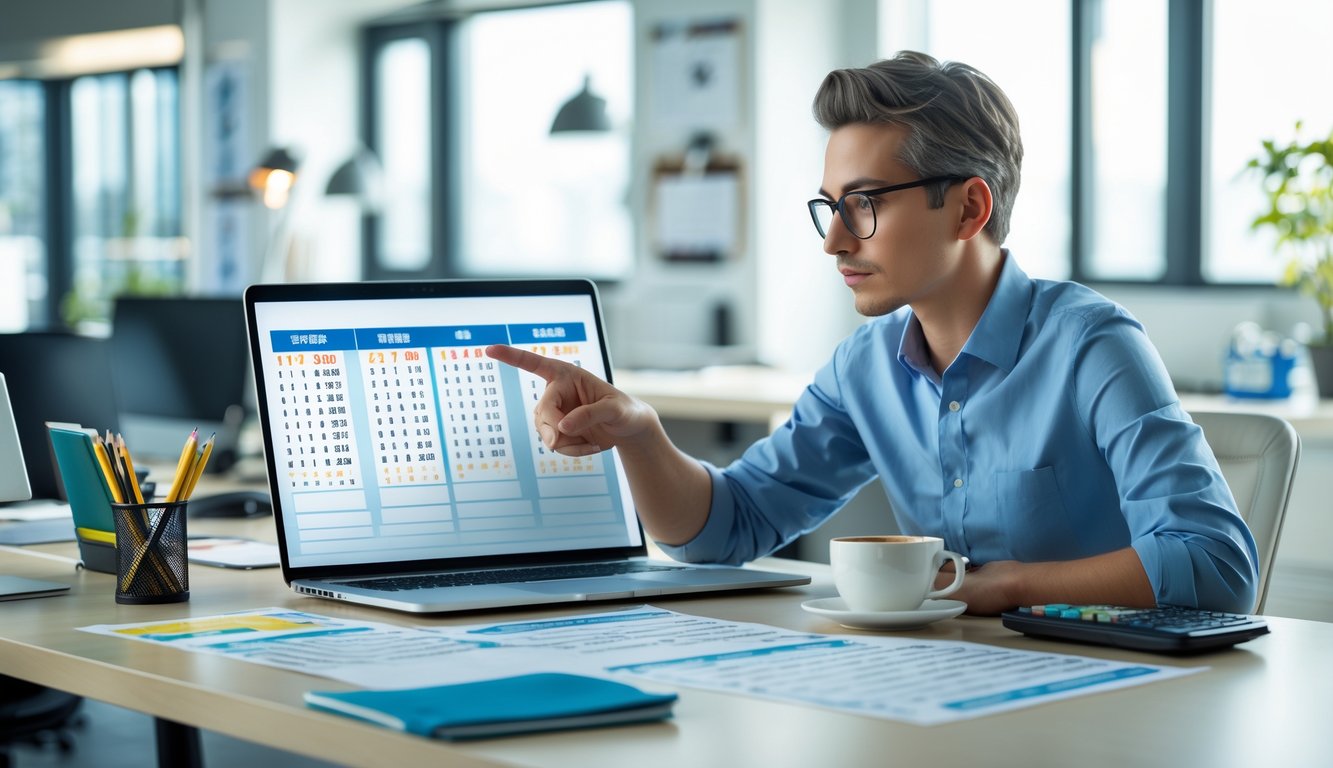 Seorang individu fokus duduk di meja kantor modern, menganalisis data prediksi angka togel dengan laptop dan kertas, di ruang kerja terang dan rapi.