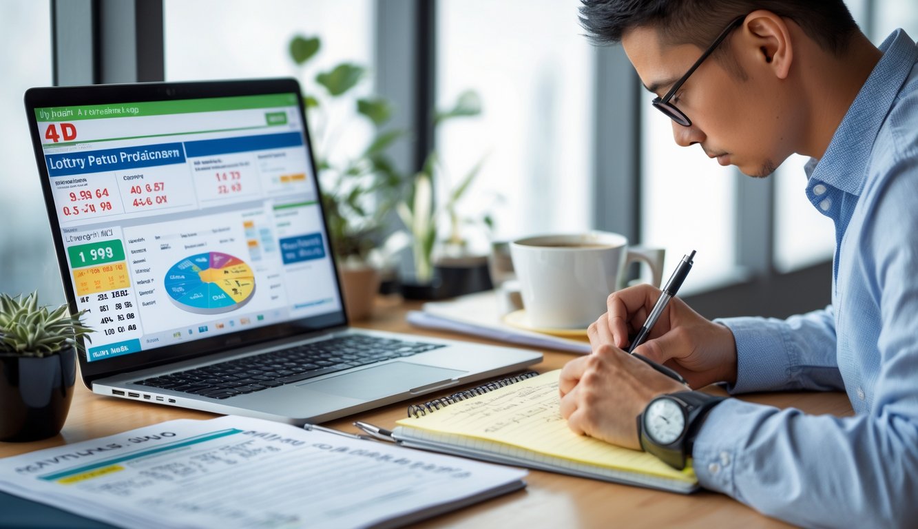 Seorang individu sedang menganalisis data prediksi togel 4D dengan peralatan kerja di meja.