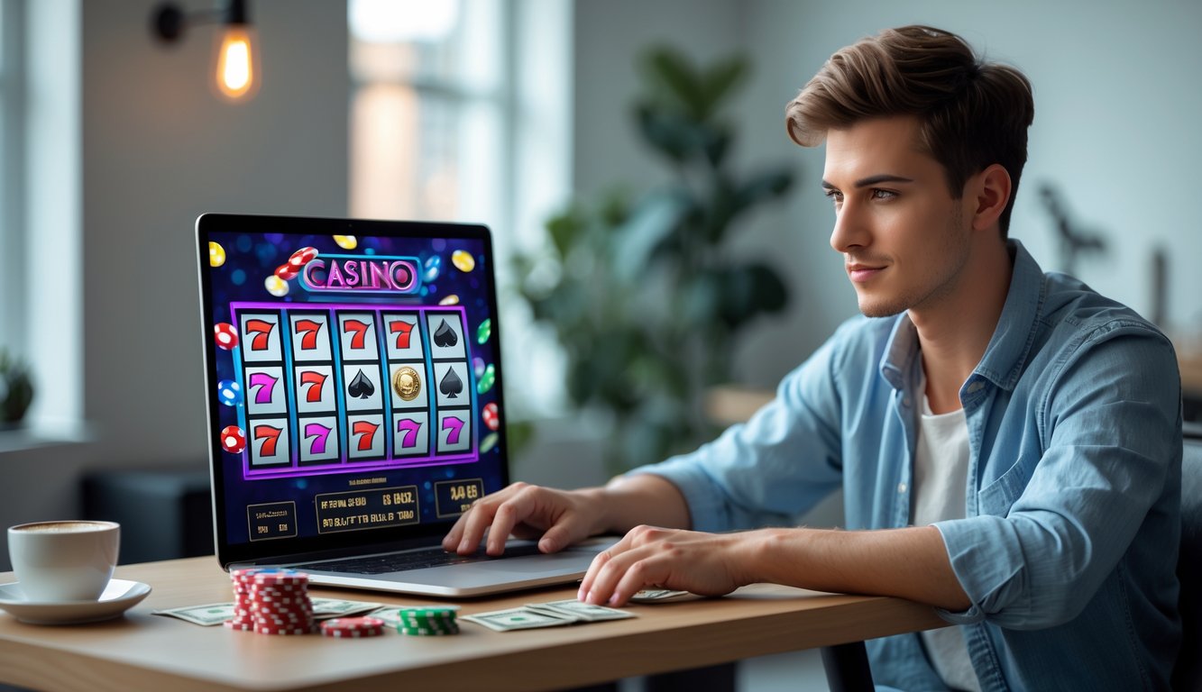 Seorang dewasa muda duduk di meja dengan laptop yang menampilkan permainan slot, di sekitarnya terdapat chip poker dan uang dengan pencahayaan ruangan yang nyaman.
