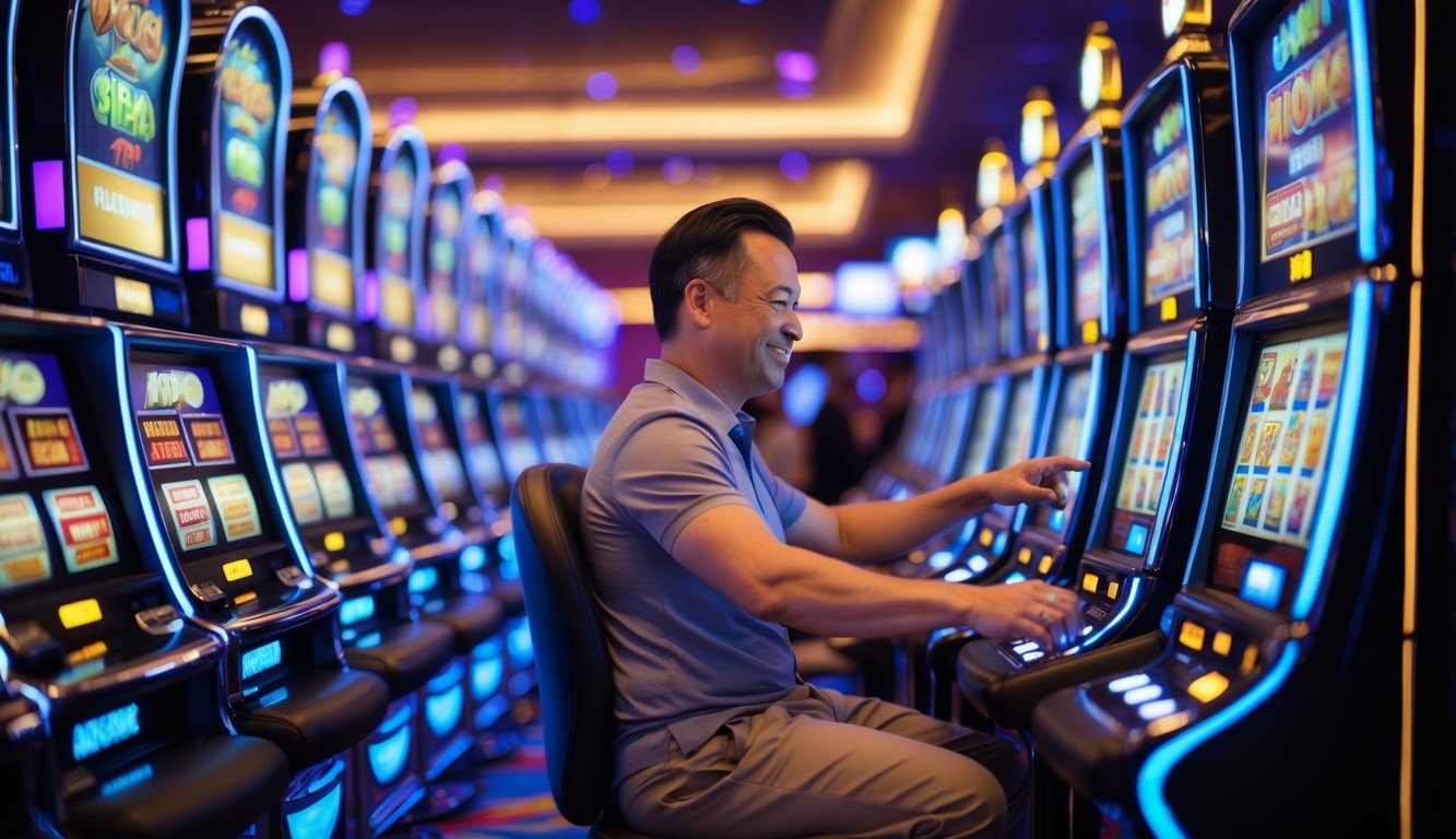 Seorang pemain dewasa sedang bermain mesin slot di dalam kasino yang cerah dan modern dengan lampu berwarna-warni.