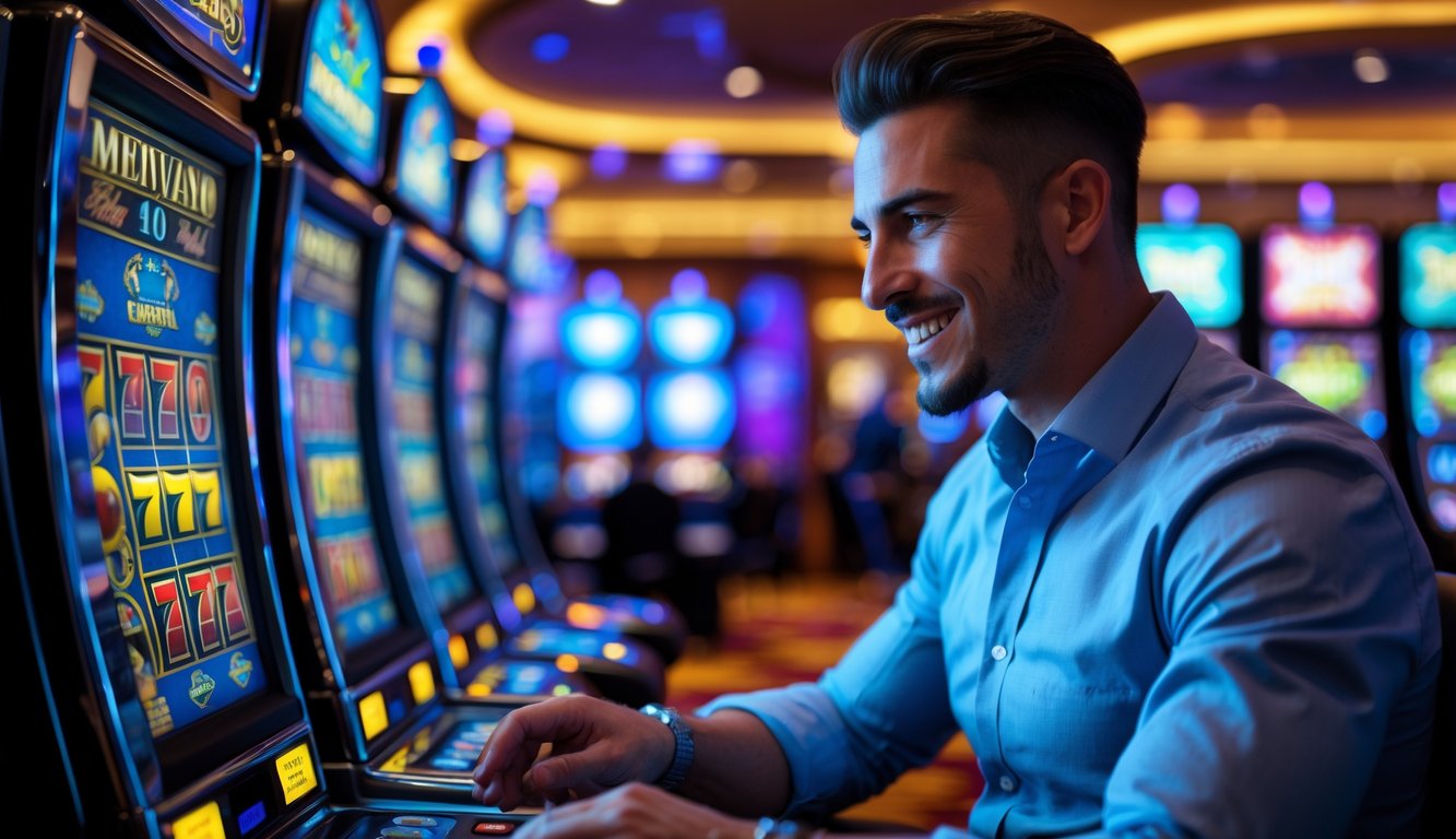 Seorang pria duduk di depan mesin slot di kasino dengan ekspresi fokus dan tersenyum.