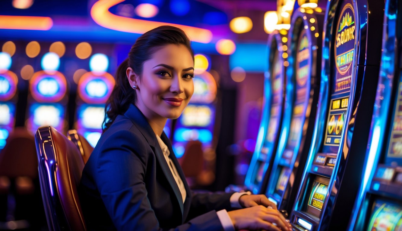 Seorang orang percaya diri duduk di depan mesin slot di kasino yang penuh warna dan lampu terang.