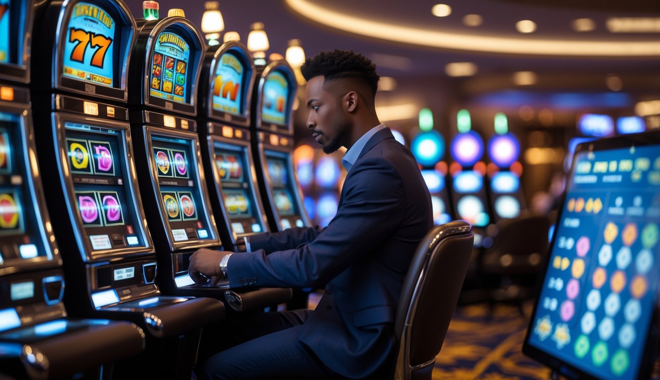 Seorang pria duduk di depan mesin slot di kasino dengan ekspresi fokus, lingkungan kasino yang ramai dan mesin slot yang berputar.