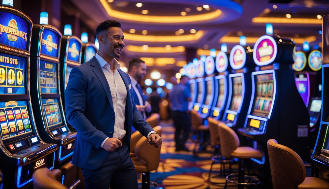 Seorang pemain sedang bermain mesin slot di kasino yang terang dengan mesin slot berwarna-warni dan suasana ramai.