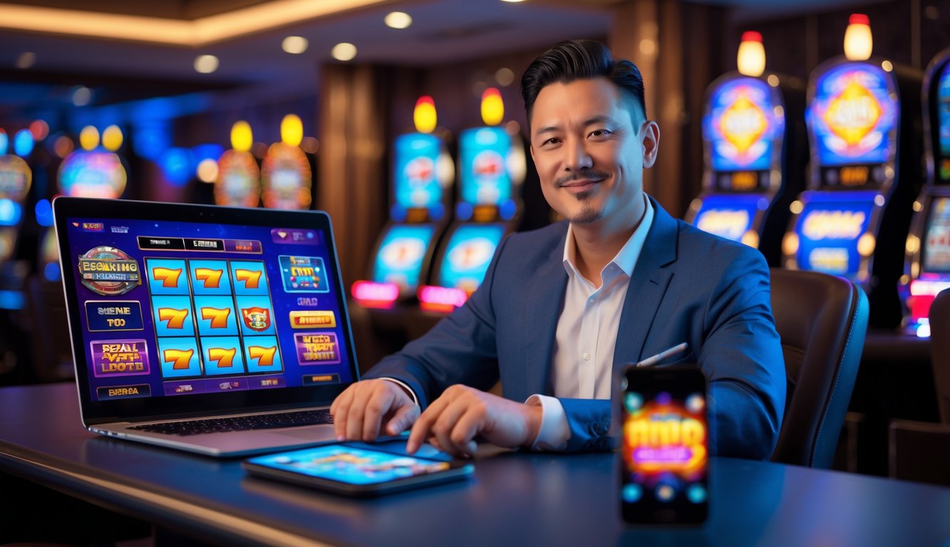 Seorang pria dewasa duduk di meja dengan laptop dan ponsel yang menampilkan permainan slot, di latar belakang mesin slot dengan pencahayaan lembut.