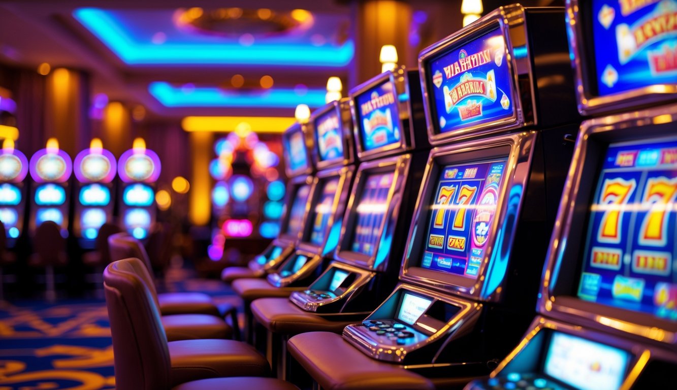 Deretan mesin slot berwarna-warni di dalam kasino dengan dekorasi tradisional Thailand dan pencahayaan hangat.