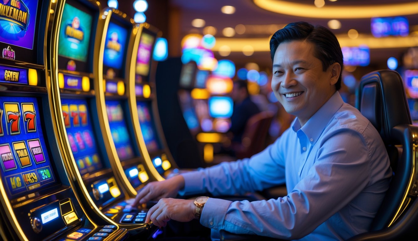 Seorang pemain dewasa sedang bermain mesin slot di kasino dengan suasana yang cerah dan ramai.