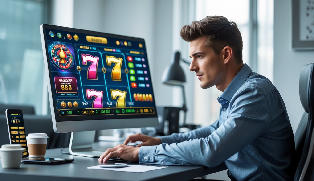 Seorang pria muda duduk di meja kerja dengan komputer yang menampilkan grafik permainan slot dan diagram keuntungan.