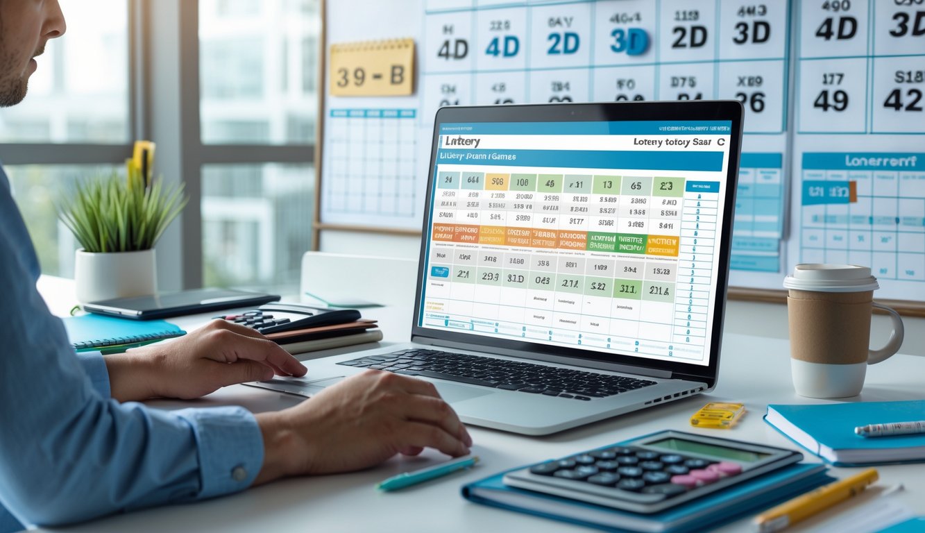 Seorang pria sedang duduk di meja kerja dengan laptop dan alat tulis, menganalisis data terkait permainan togel di ruang kantor yang terang dan rapi.