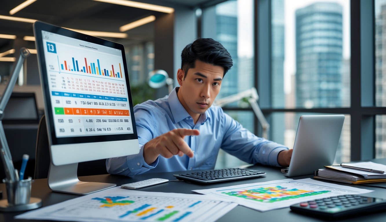 Seorang pria muda sedang menganalisis angka togel dengan tablet dan dokumen di meja kantor modern.