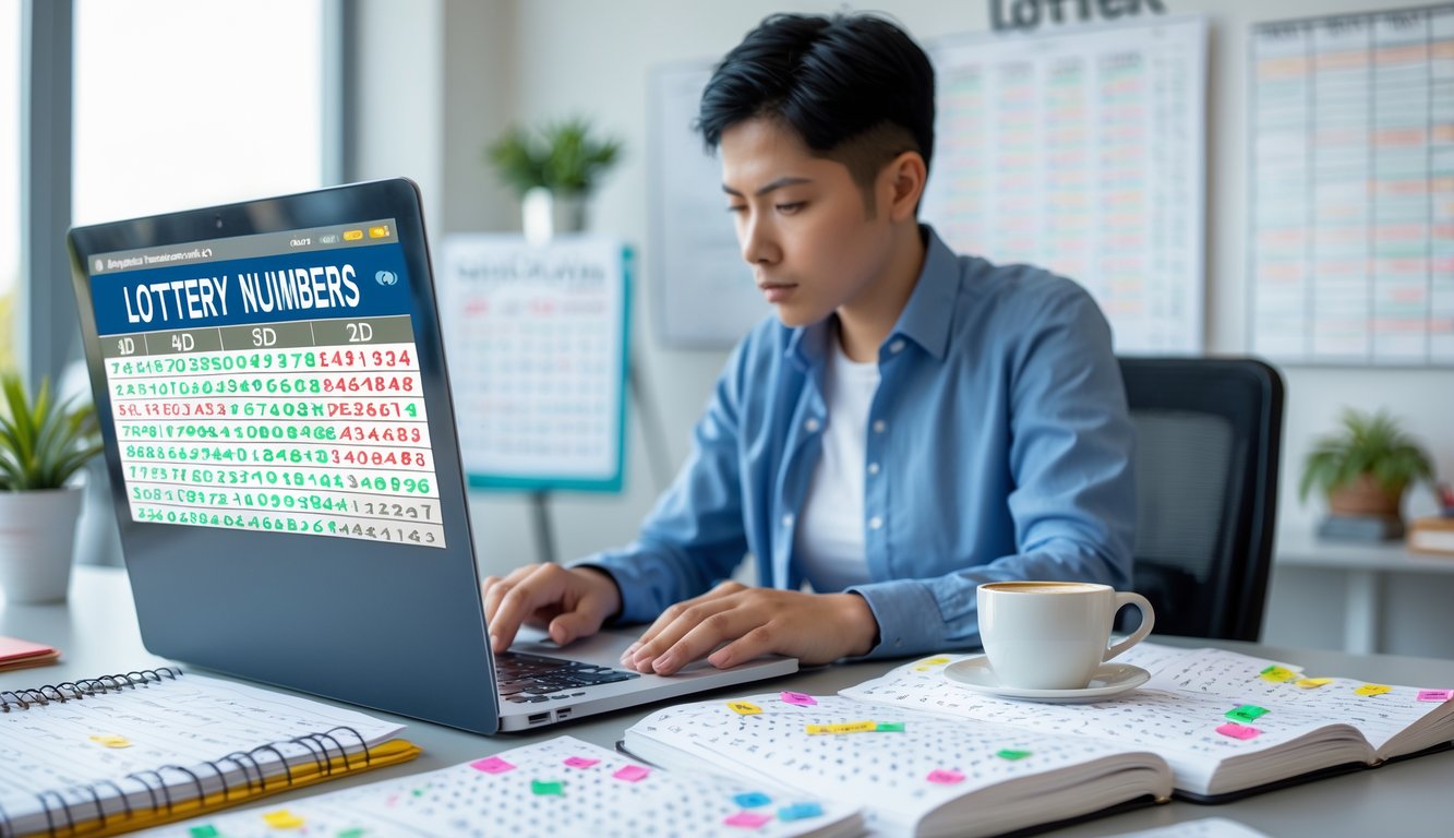 Seseorang sedang duduk di meja dengan laptop dan buku catatan, menganalisis pola angka untuk permainan judi togel.